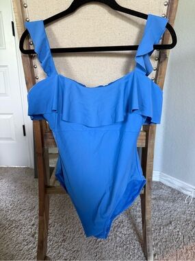 DownEast Ruffle Strap One-Piece Swimsuit in Bright Blue